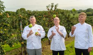 From left, Head Chef John White from the Armagh City Hotel, Head chef Mervyn Steenson from Groucho's and Sous Chef Mark Winter from the Lough Erne Resort at the launch of the Richhill Apple Harvest Fayre