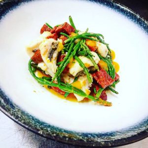 'A Dish From Dean' - Cod cheek, Chorizo and buttered Samphire